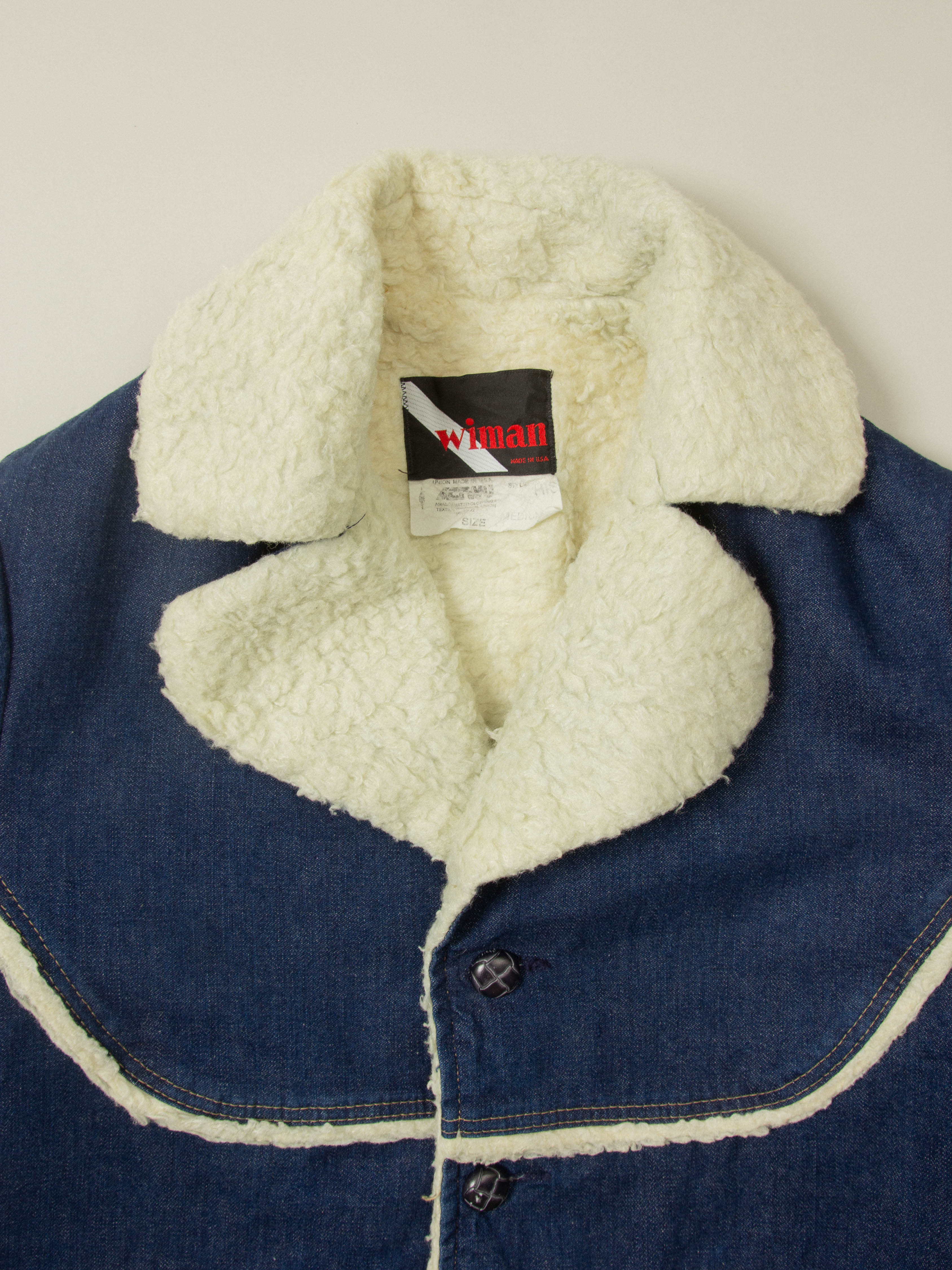 Vtg 1970s Wiman Sherpa Denim Coat - Made in USA (M) - Image 2