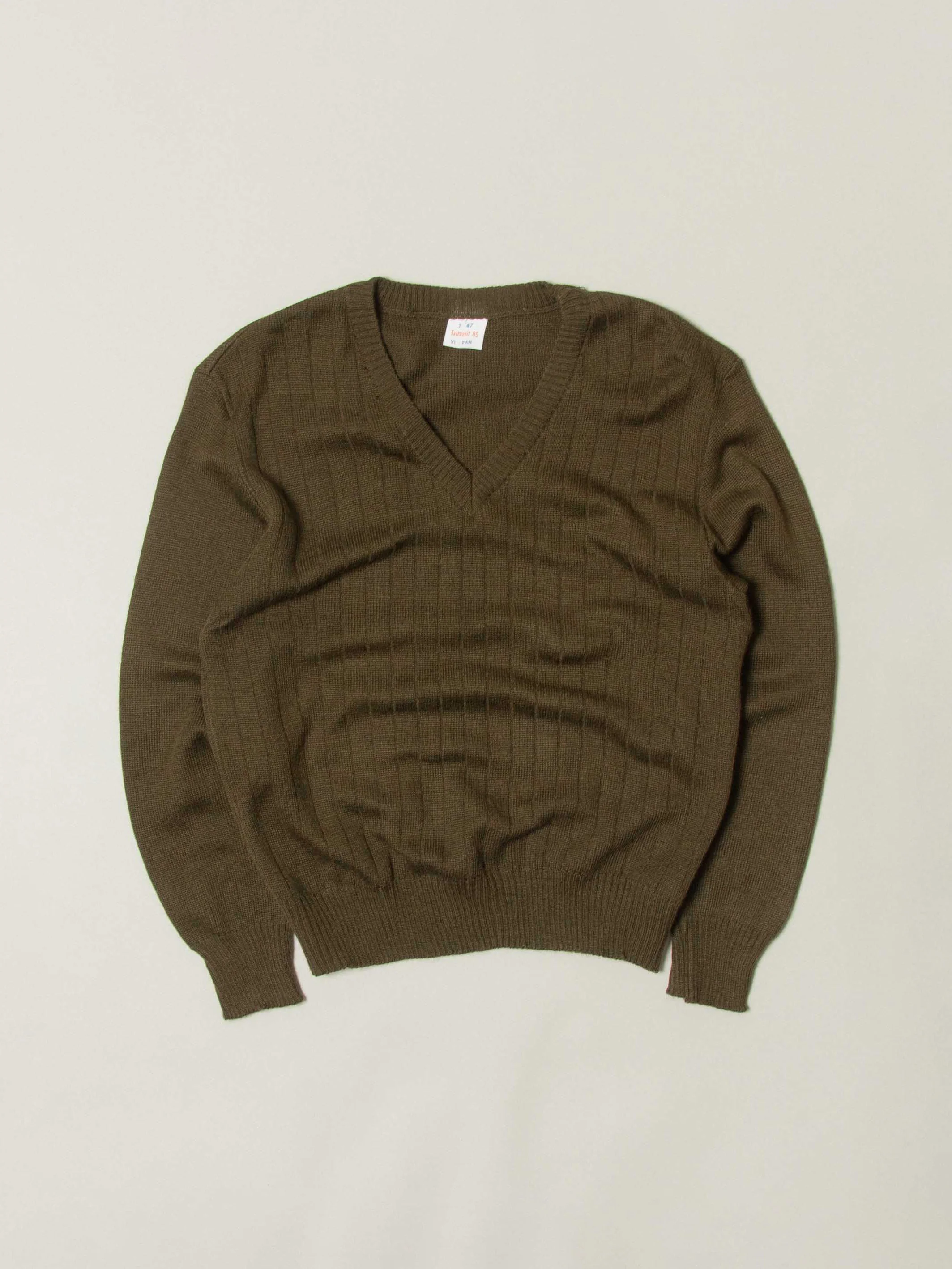 Vtg 1980s Army Green Wool V-Neck Sweater