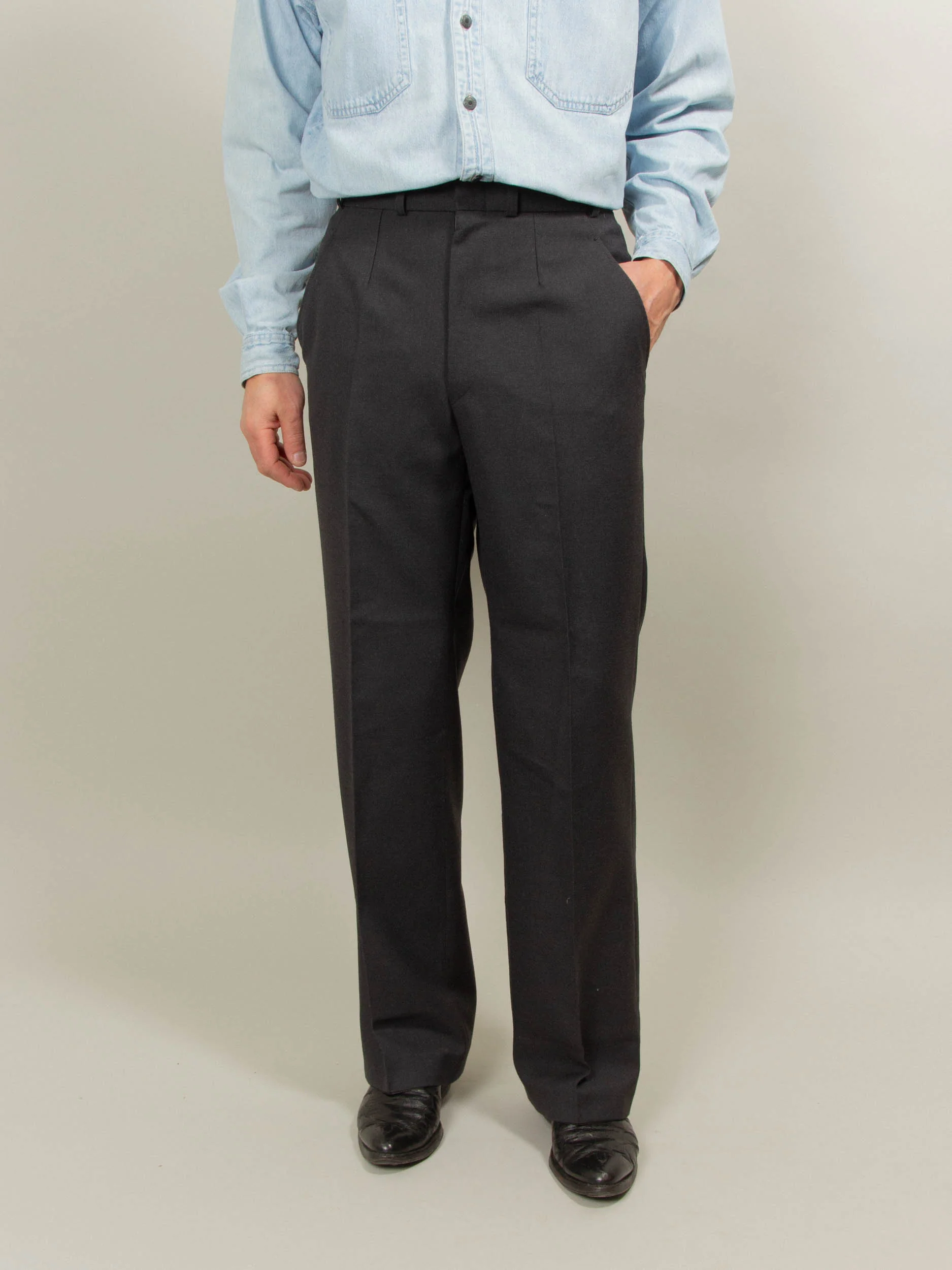 Vtg 1990s Pleated Army Wool Dress Trousers (Dark Grey)