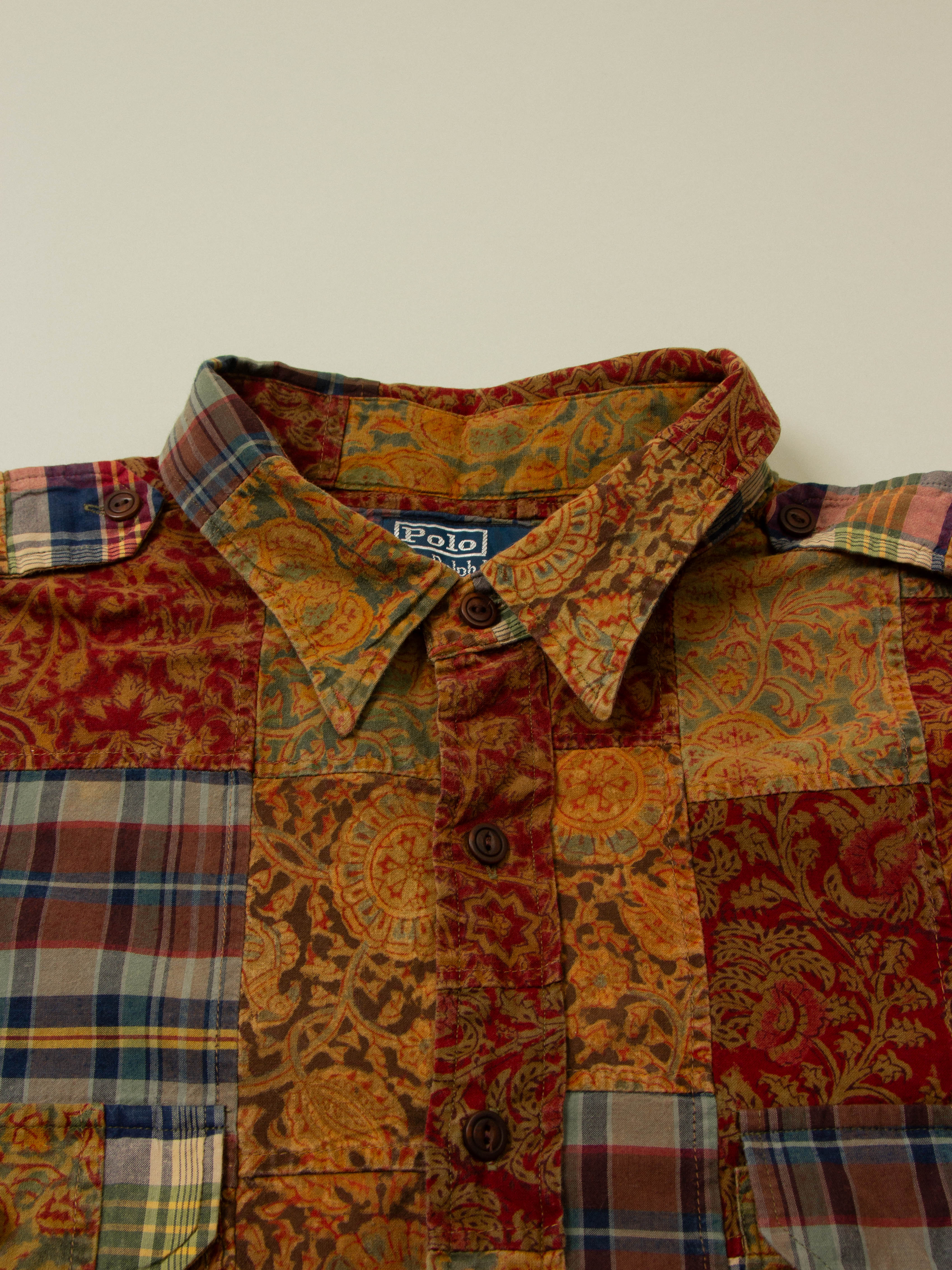 Vtg 1990s Ralph Lauren Patchwork Short Sleeve Shirt (XXL) - Image 2